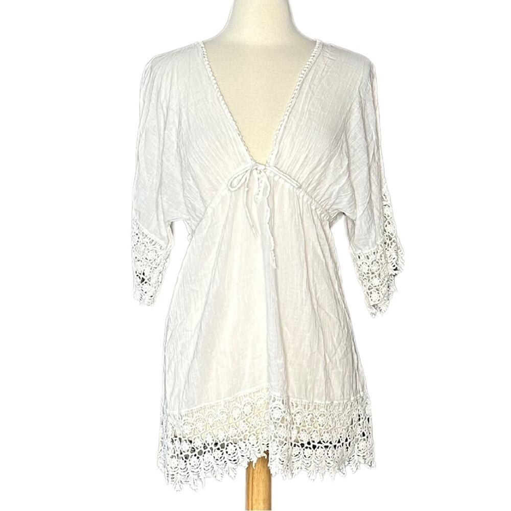 White Beachy Swim Coverup Lightweight Sheer Mini Dress Low Cut S21